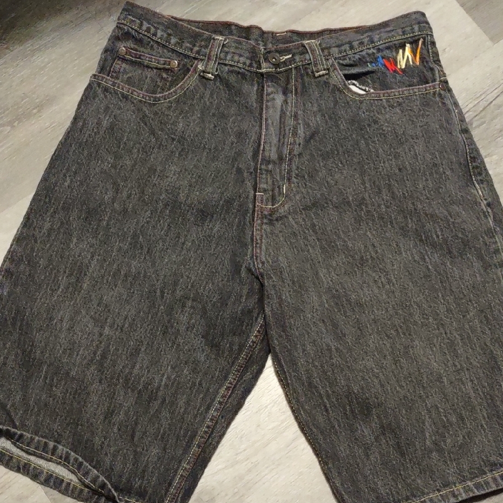 COOGI Charcoal Jean Shorts with Colorful Embroidery
